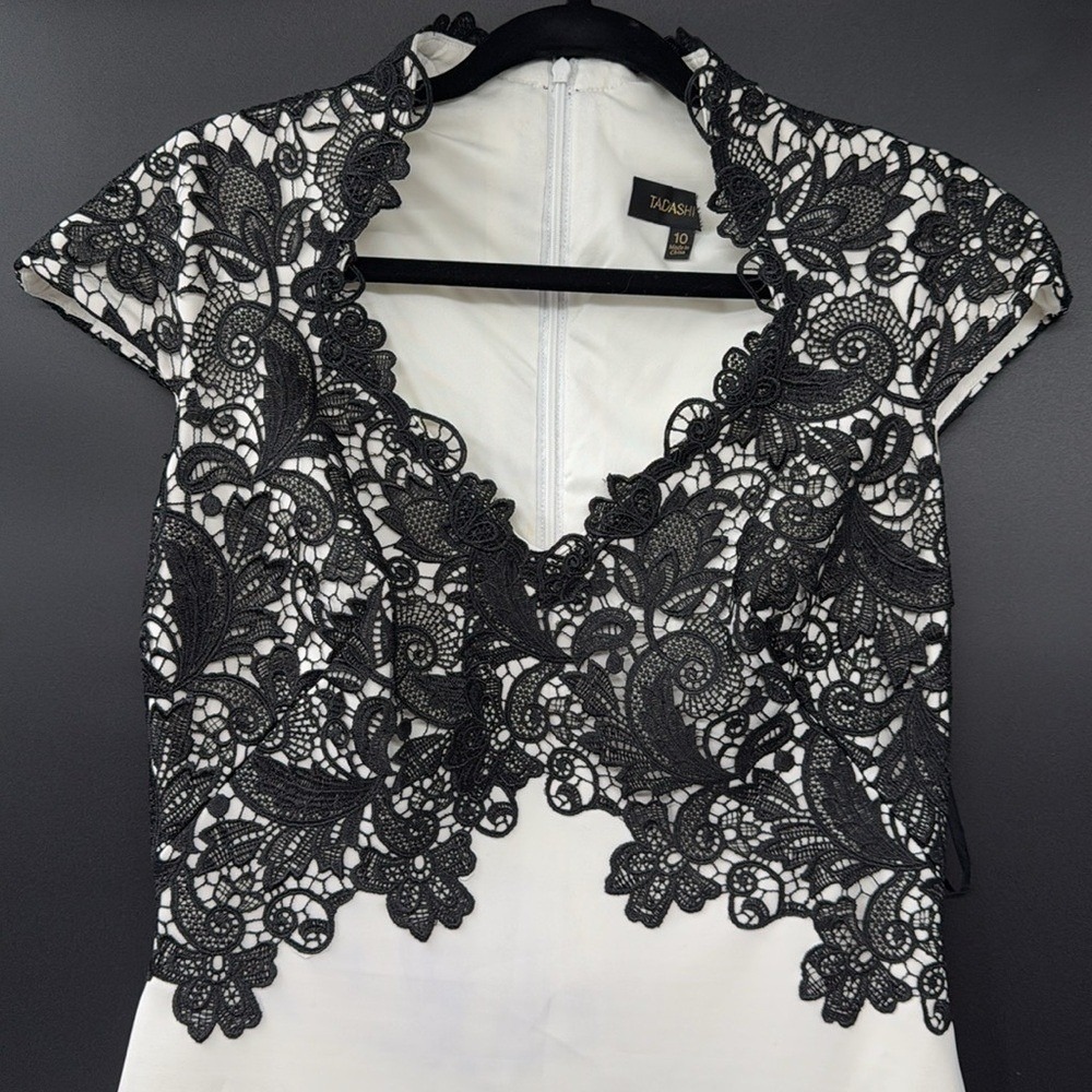 Tadashi Shoji Black Lace Ivory Sheath Dress Cap Sleeve AGD688MX Womens 10 - Picture 3 of 13